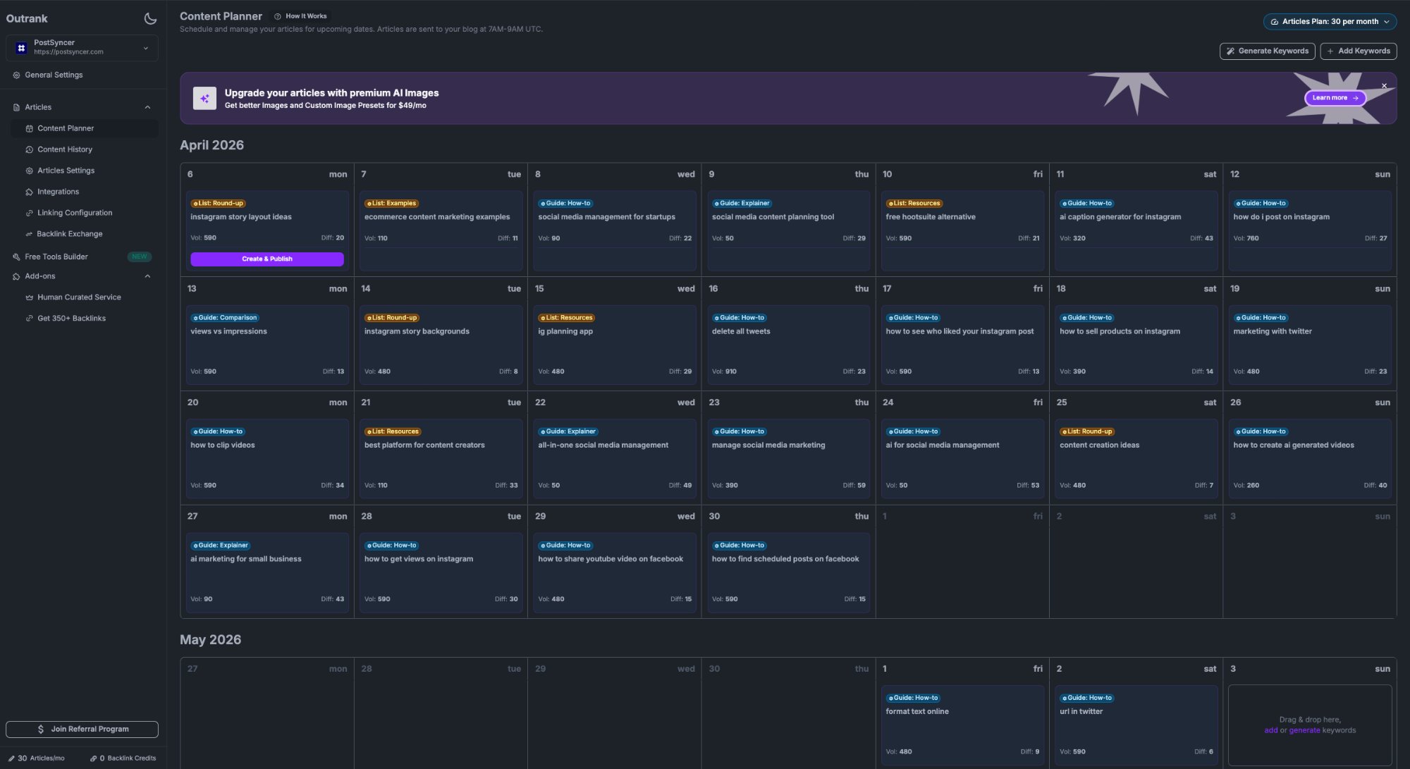 Outrank Content Planner
