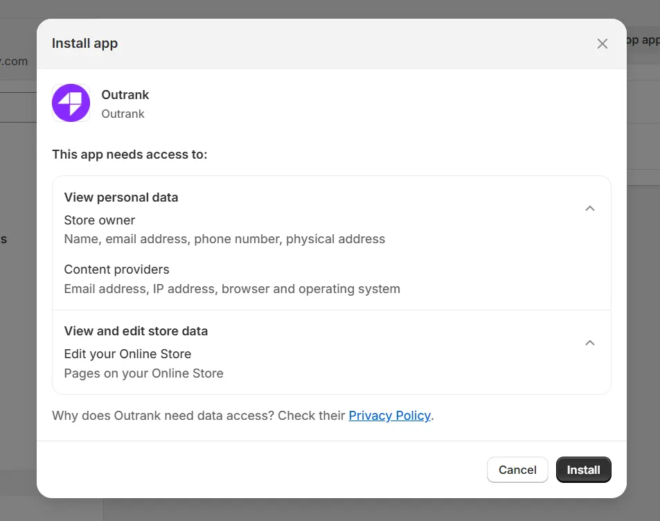 Authorize Outrank app installation