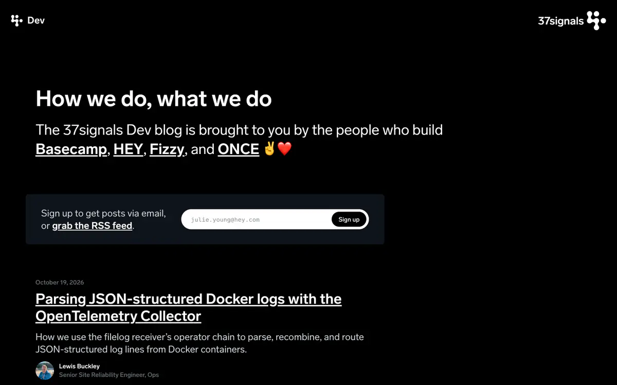 37signals Dev blog homepage: black page with a large intro line, an email signup box and the latest post
