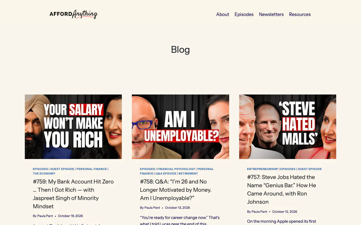 Afford Anything blog page: cream background, a Blog heading and three podcast episodes with bold text thumbnails