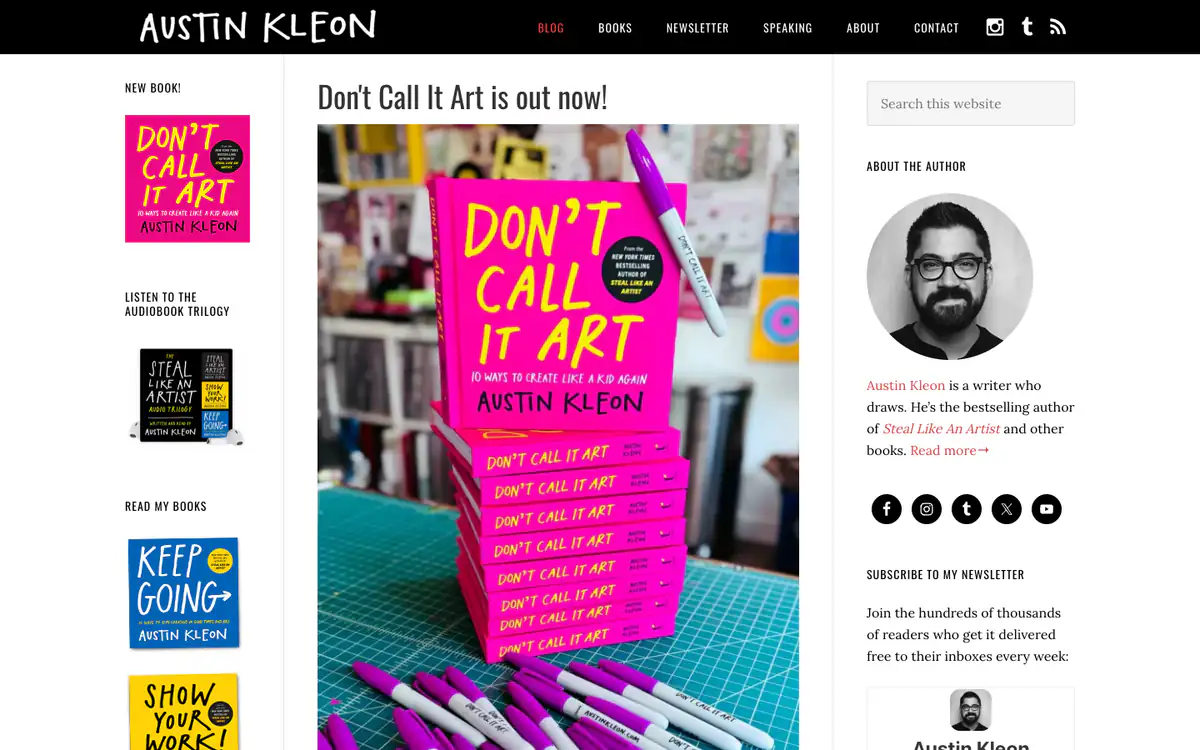 Austin Kleon homepage: black header with a hand-lettered name, book covers on the left, a pink book photo and an author box