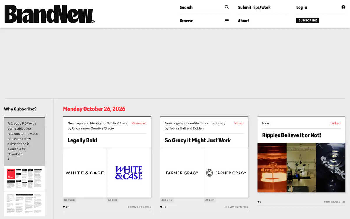 Brand New homepage: bold black logo, a red date heading and cards with before and after logos
