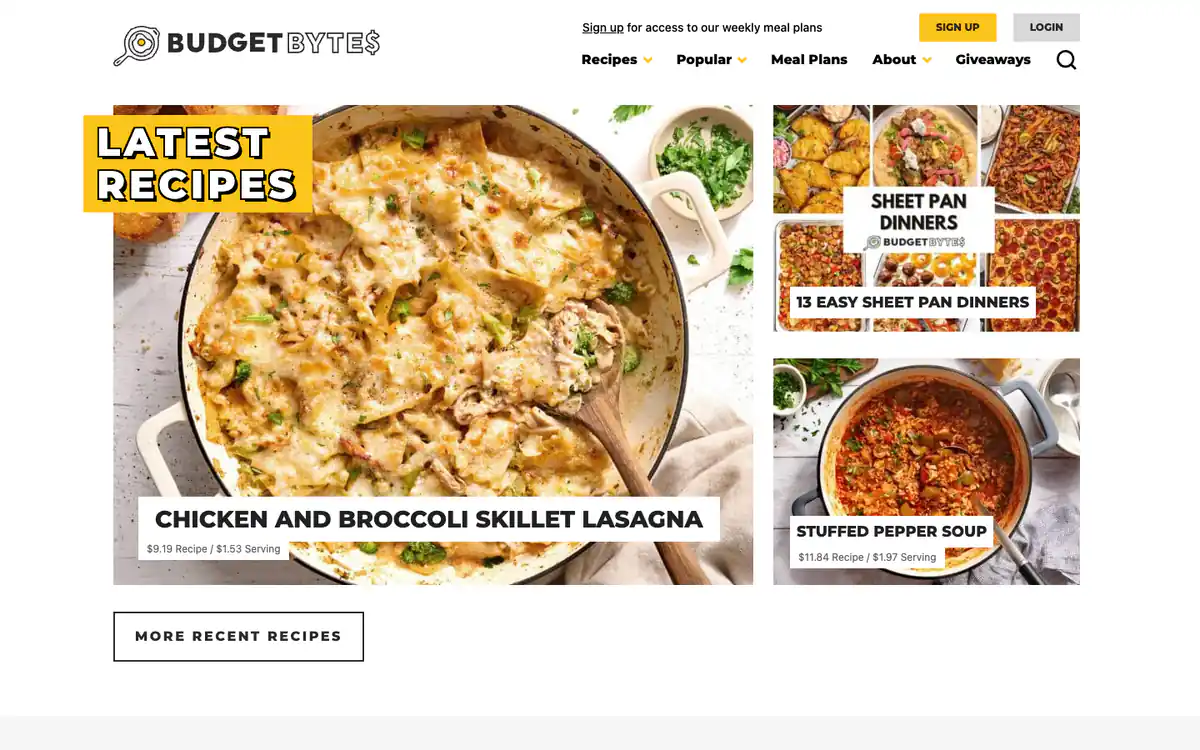 Budget Bytes homepage: large skillet lasagna photo with its cost per serving, two smaller recipe tiles and a yellow label