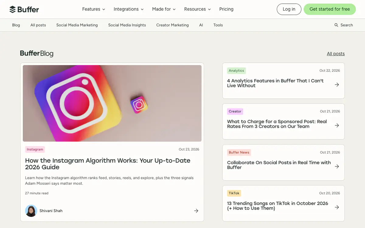 Buffer Blog homepage: a featured Instagram algorithm guide with a large Instagram logo image and a column of tagged posts