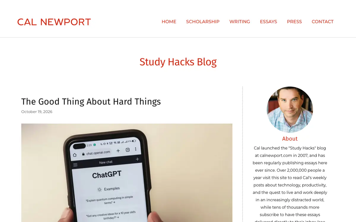 Cal Newport’s Study Hacks Blog: red name and menu, a post with a phone showing ChatGPT, and an about box with his photo