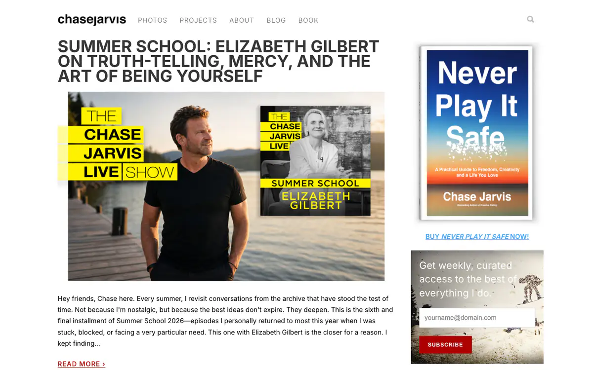 Chase Jarvis blog: all-caps post title, podcast artwork with Chase by a lake, and a sidebar with a book cover and email signup