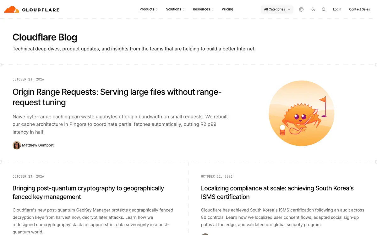 Cloudflare Blog homepage: title and description, a featured post with a crab mascot illustration and a two-column post list