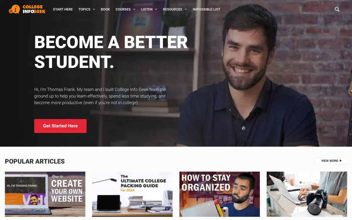 College Info Geek homepage: dark hero with Thomas Frank’s photo and a Become a Better Student headline, and popular articles