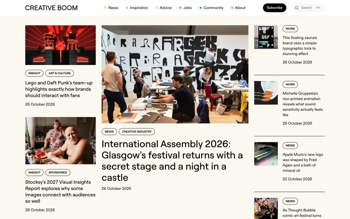 Creative Boom homepage: three-column layout with a large photo of an art workshop as the lead story and tagged stories around it