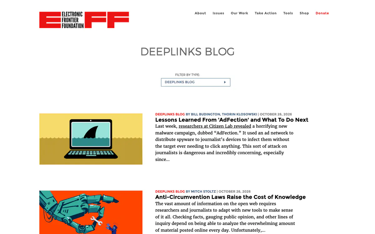 EFF Deeplinks blog: red EFF logo, DEEPLINKS BLOG title with a filter dropdown and posts with flat illustrations