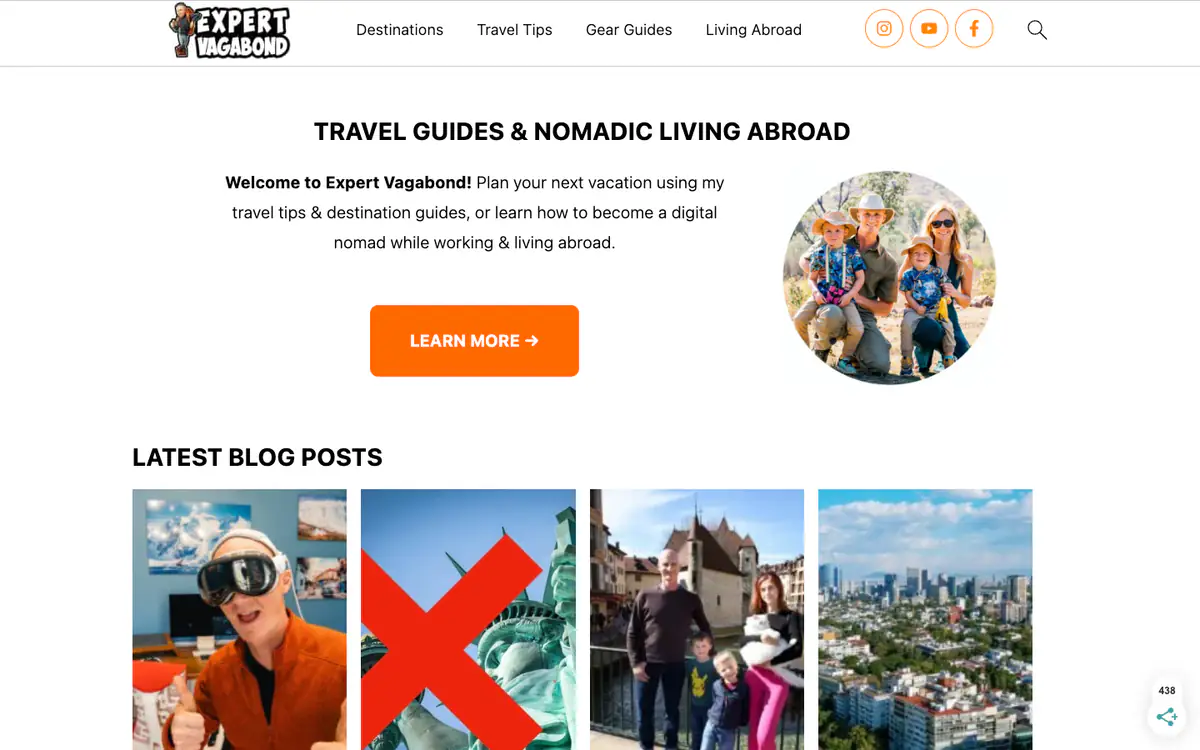 Expert Vagabond homepage: welcome text with an orange Learn More button, a round family photo and a row of latest posts