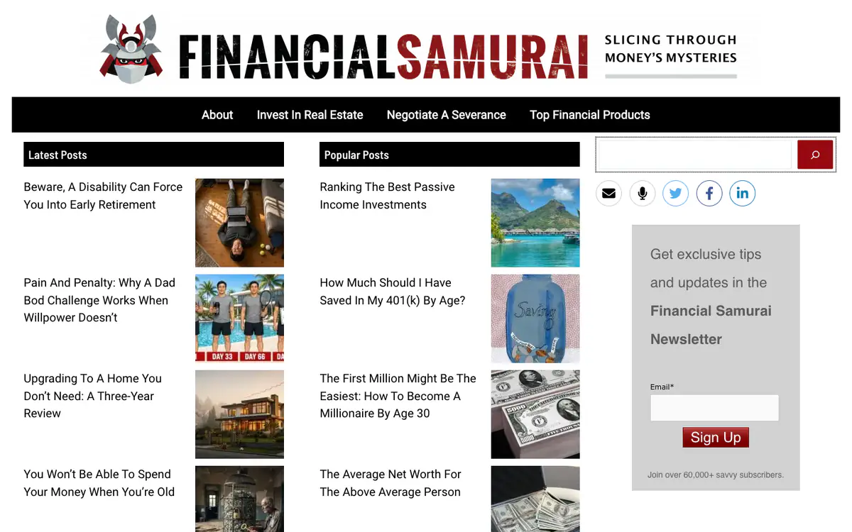 Financial Samurai homepage: samurai mascot logo, black menu bar, and Latest Posts and Popular Posts columns with photos