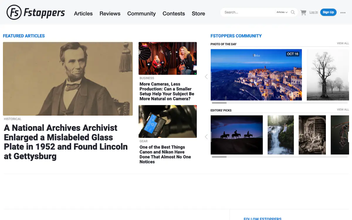 Fstoppers homepage: featured article with a Lincoln portrait, smaller stories and a Photo of the Day carousel