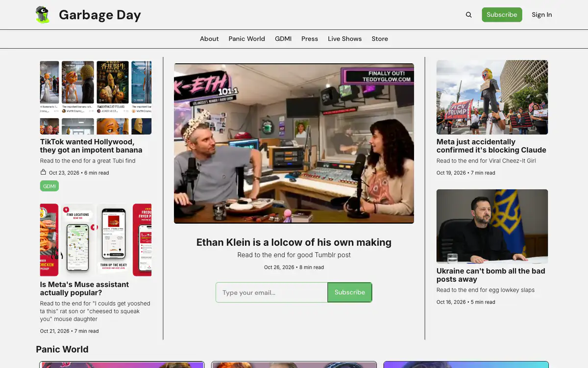 Garbage Day homepage: green trash can logo, three columns of stories with a large photo in the middle and an email box