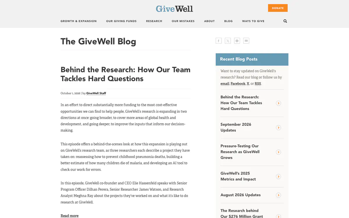 The GiveWell Blog: grey header with an orange Donate button, a research post and a blue Recent Blog Posts sidebar