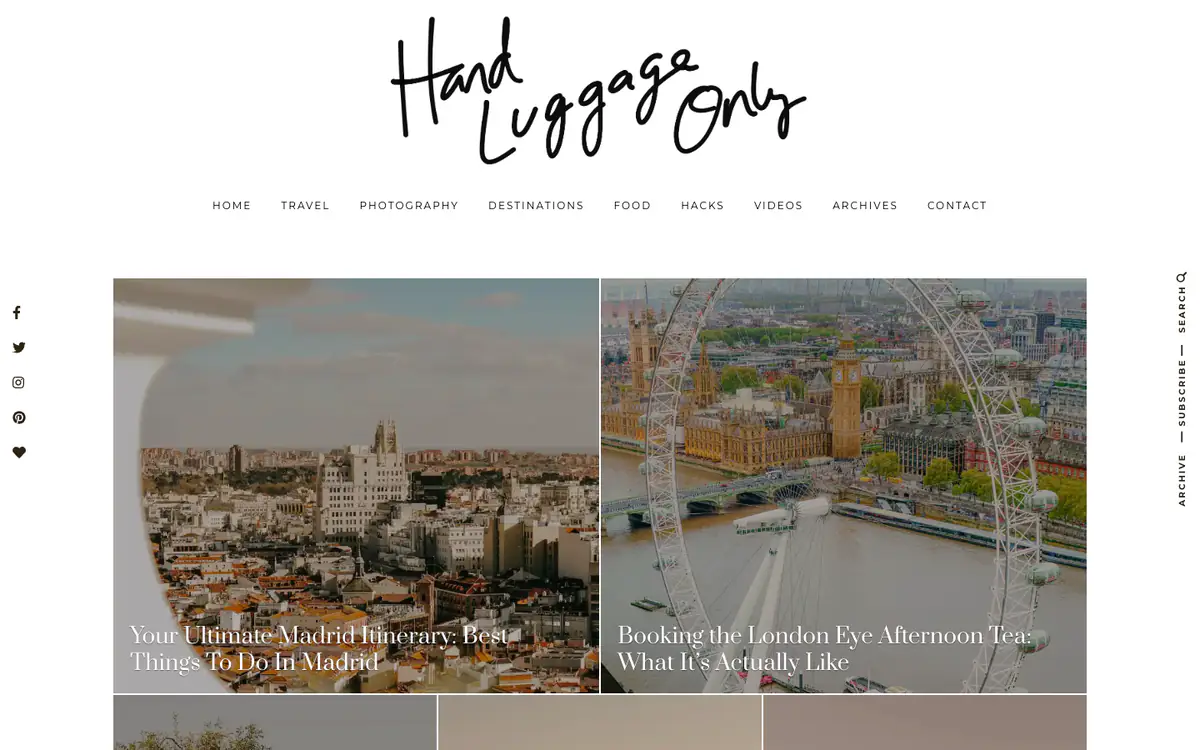 Hand Luggage Only homepage: handwritten logo, spaced menu and two large photo tiles of Madrid and the London Eye