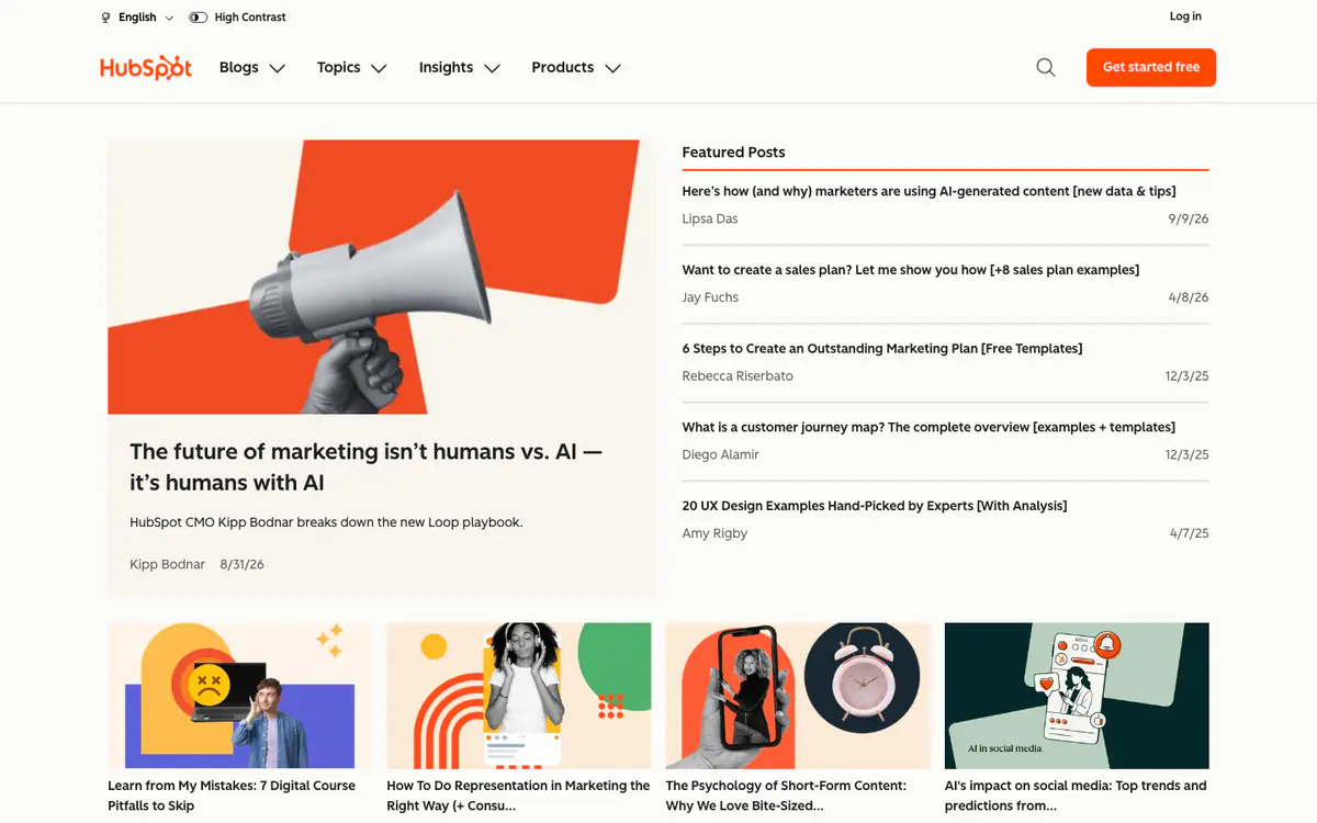 HubSpot Blog homepage: megaphone illustration for the featured post, a Featured Posts list and a row of colorful thumbnails