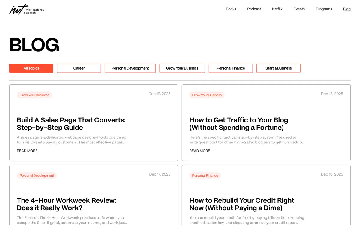 I Will Teach You To Be Rich blog page: large BLOG heading, red topic filter buttons and a grid of bordered post cards