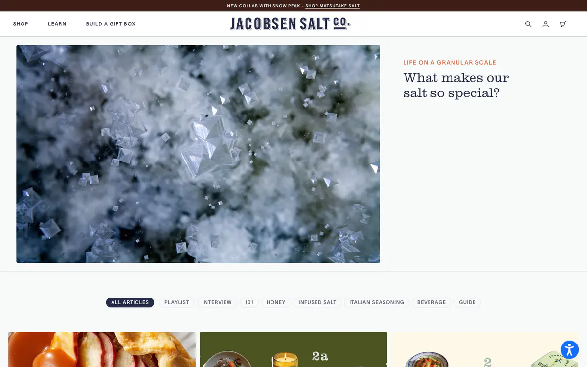 Jacobsen Salt Co. articles page: navy wordmark, a macro photo of salt crystals and a row of article filter pills