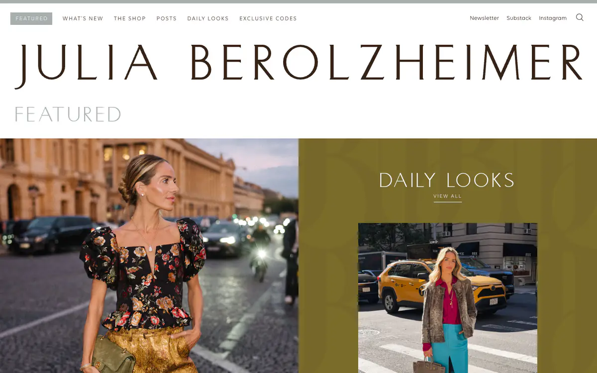 Julia Berolzheimer homepage: wide serif name masthead, a featured street photo and an olive Daily Looks panel