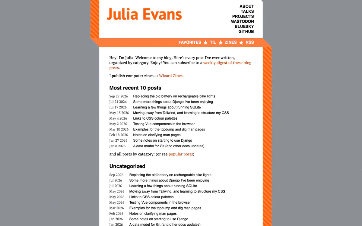 Julia Evans blog homepage: orange striped frame, a short welcome and a dated list of the most recent 10 posts