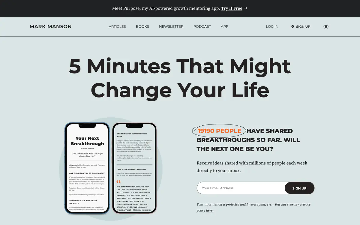 Mark Manson homepage: large headline, phone mockups of the newsletter and an email signup form