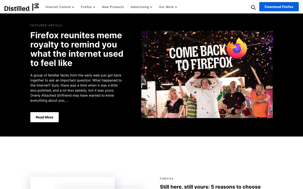 Mozilla’s Distilled blog: black featured article band with a Come Back to Firefox photo and a blue Download Firefox button
