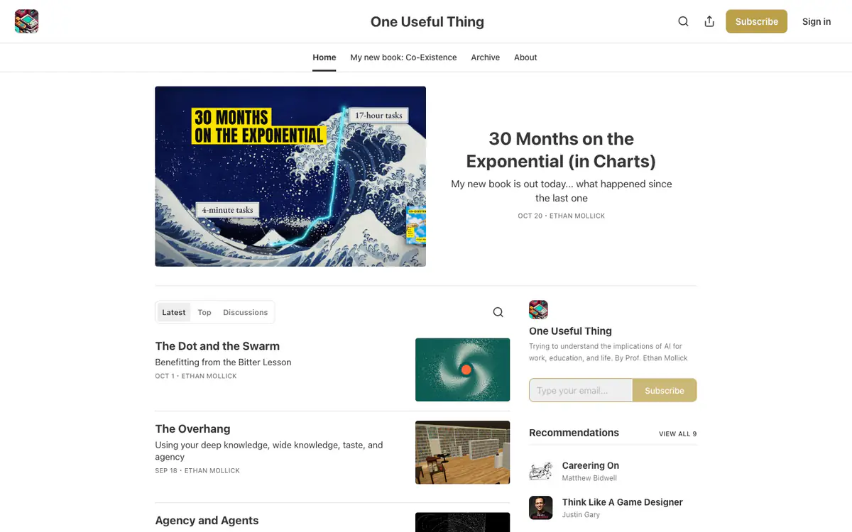 One Useful Thing homepage: a wave illustration with a chart as the featured post, the latest posts and an email box