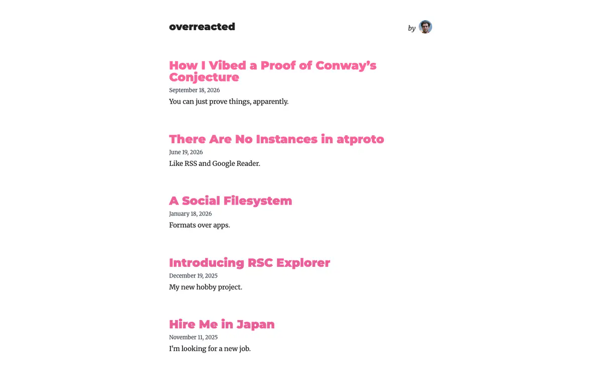 Overreacted homepage: white page with a single column of pink post titles, dates and one-line subtitles
