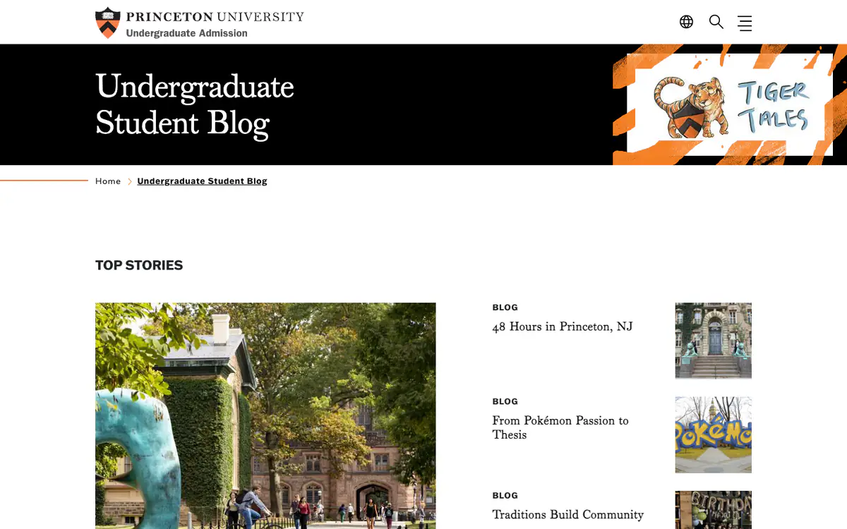 Princeton Undergraduate Student Blog: black banner with a Tiger Tales badge, a campus photo and a list of top stories