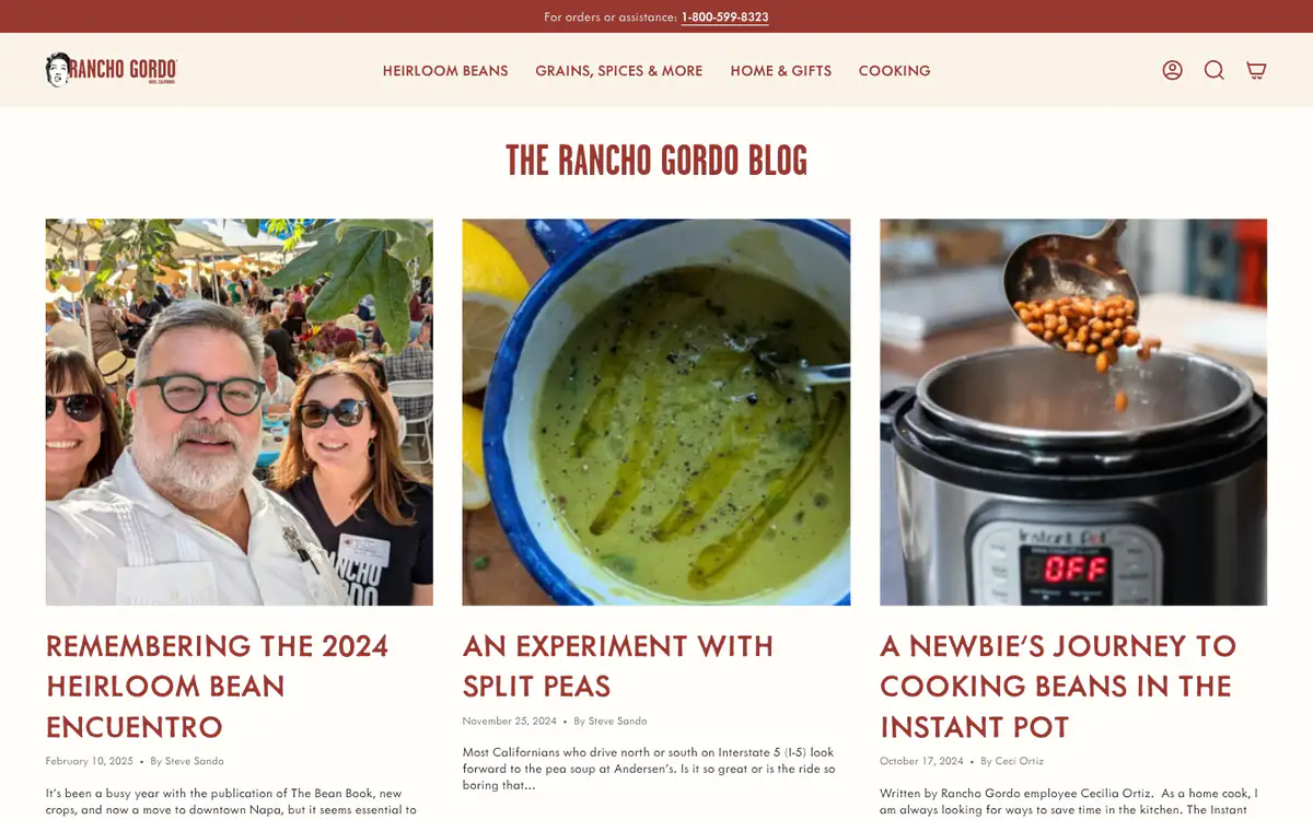 The Rancho Gordo Blog: red condensed title and three posts with photos of the owner, split pea soup and beans in a pressure cooker