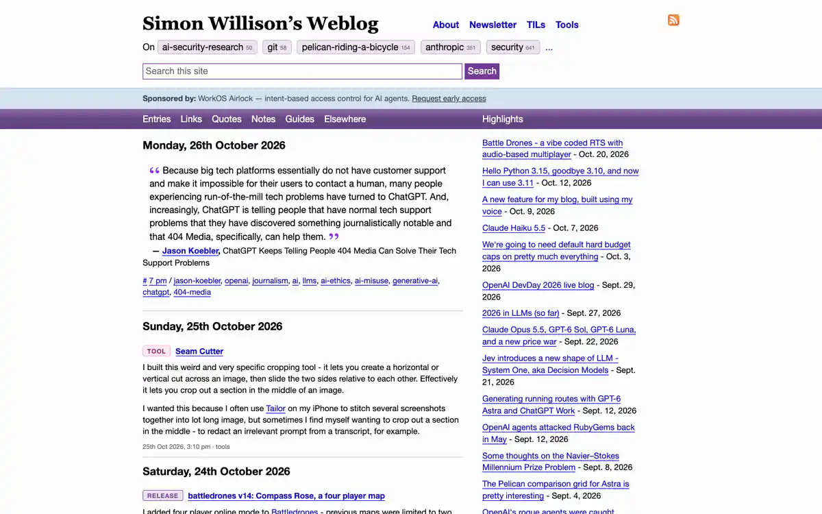 Simon Willison’s Weblog homepage: serif title, topic tags with counts, a dated stream of posts and a Highlights sidebar