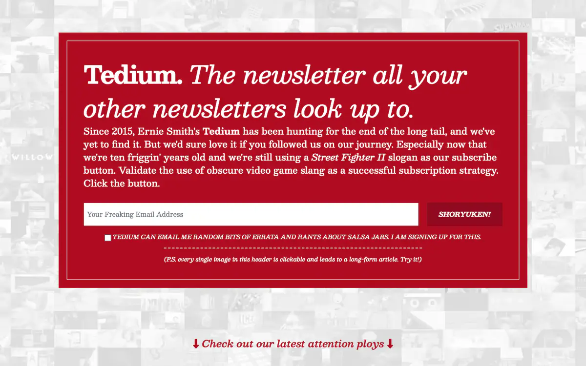 Tedium homepage: red box with a serif pitch for the newsletter and an email field, over a mosaic of grey images