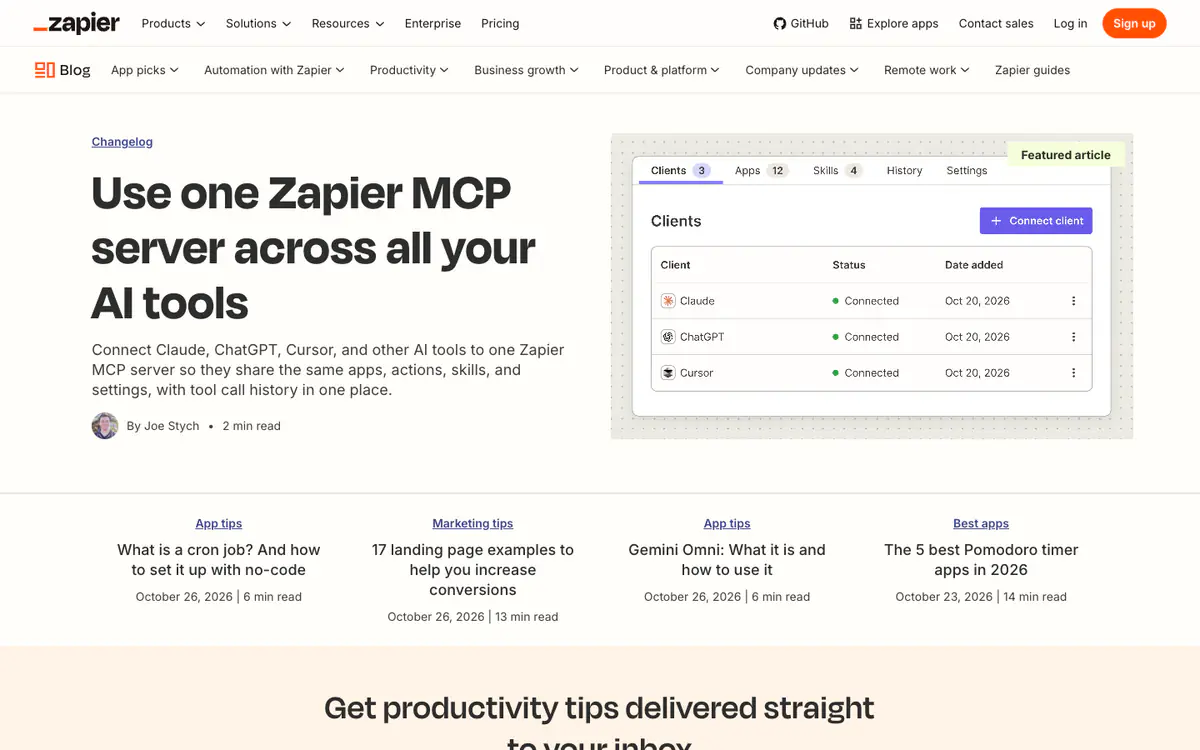 Zapier blog homepage: featured article with a product screenshot and a row of four posts with reading times