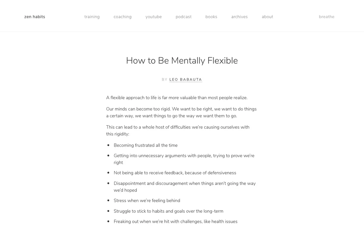 Zen Habits homepage: plain white page with a lowercase menu and the full text of the post How to Be Mentally Flexible