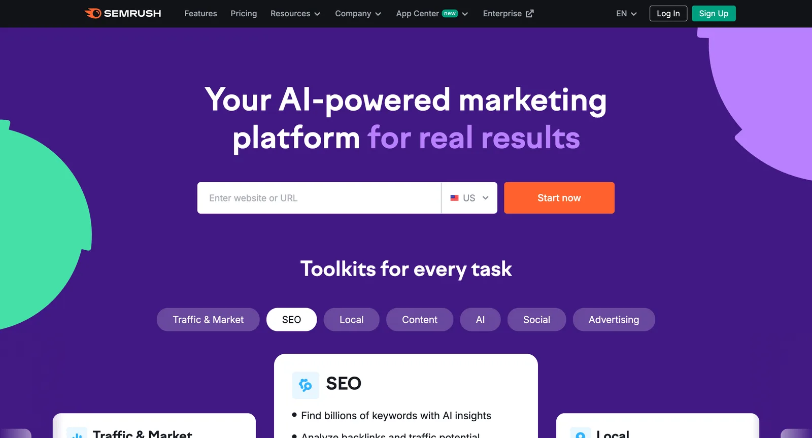 Semrush homepage with SEO, content, local and advertising toolkits