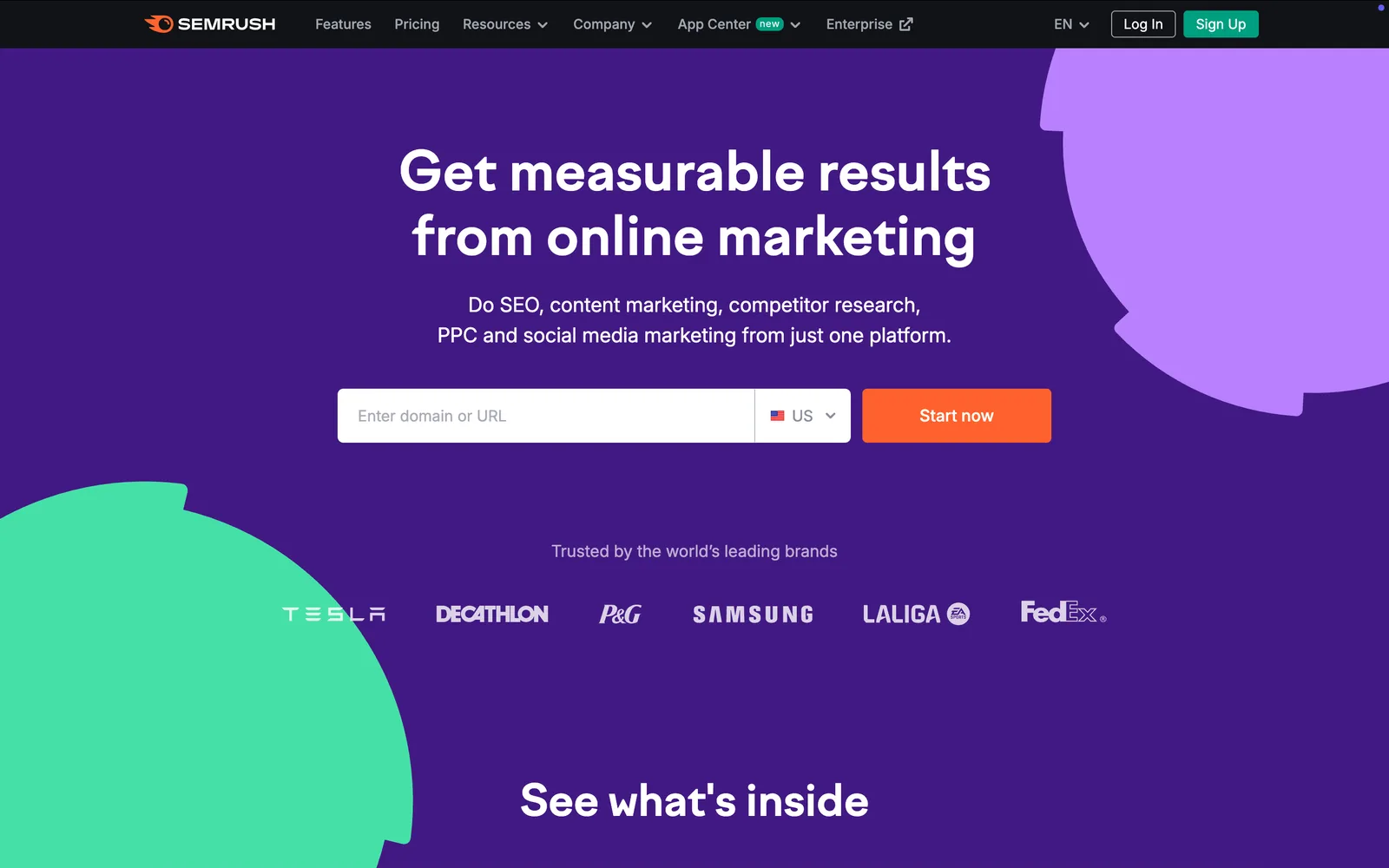 Semrush homepage: "Get measurable results from online marketing", covering SEO, content marketing, competitor research, PPC and social media in one platform.