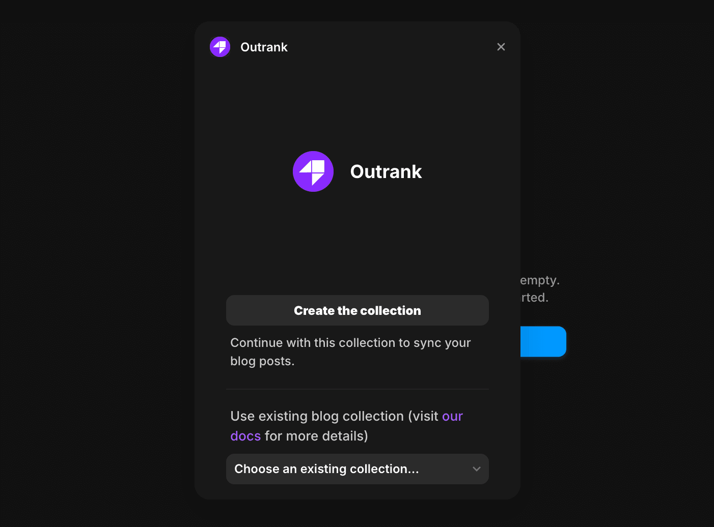 Field mapping interface showing how to map Outrank article fields to Framer collection fields