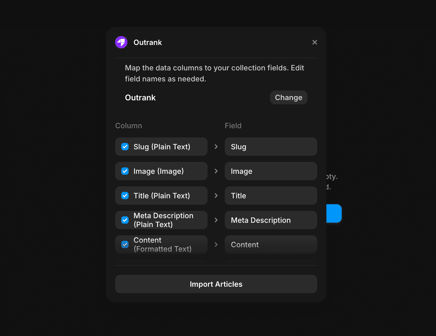 Field mapping interface showing how to map Outrank article fields to Framer collection fields