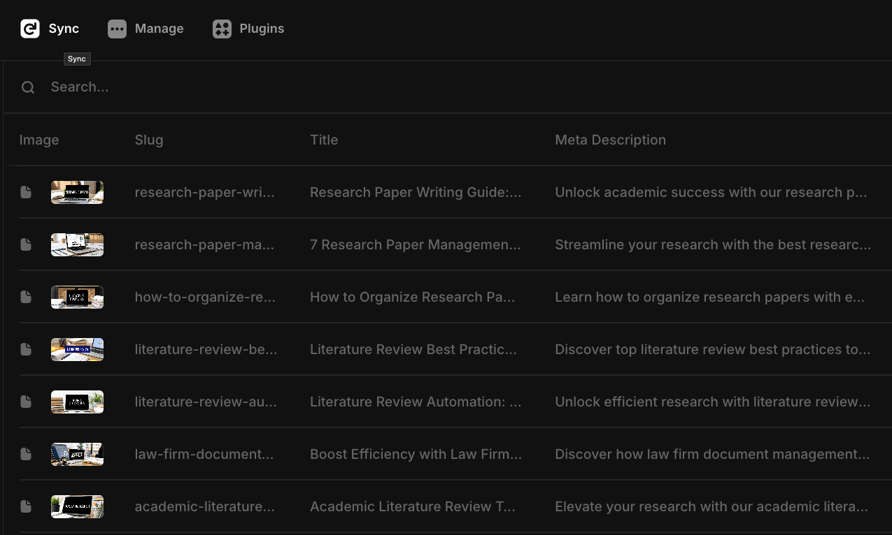 Framer collection showing imported articles with Sync button in top left corner
