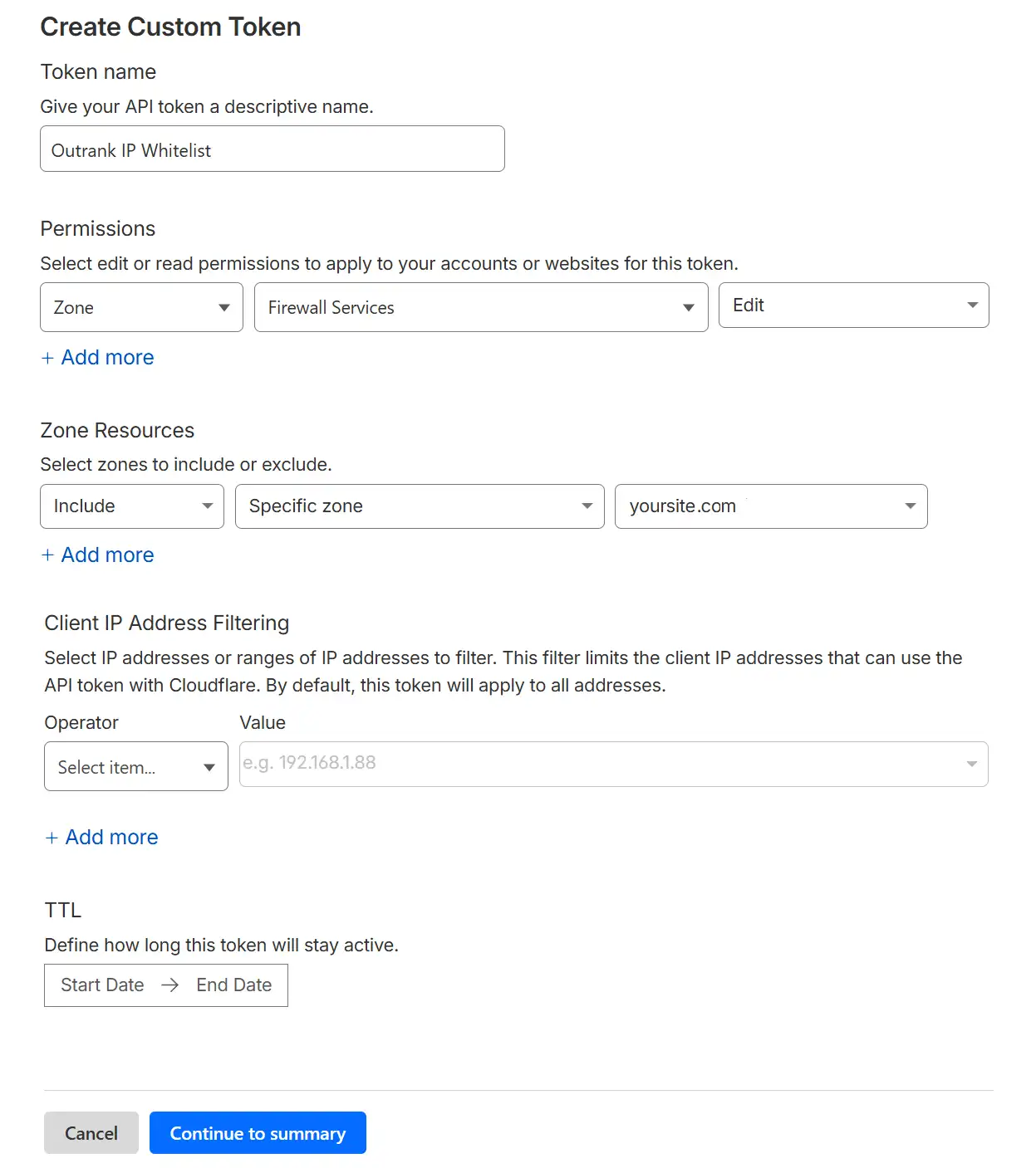 Cloudflare Create Custom Token option