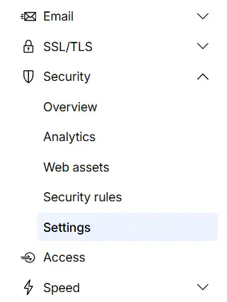 Cloudflare Security Settings navigation