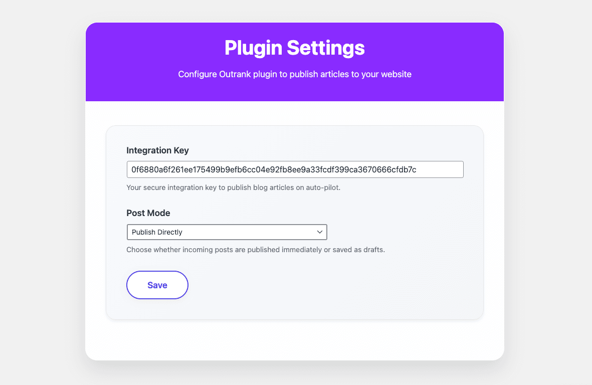 Plugin settings page with token field