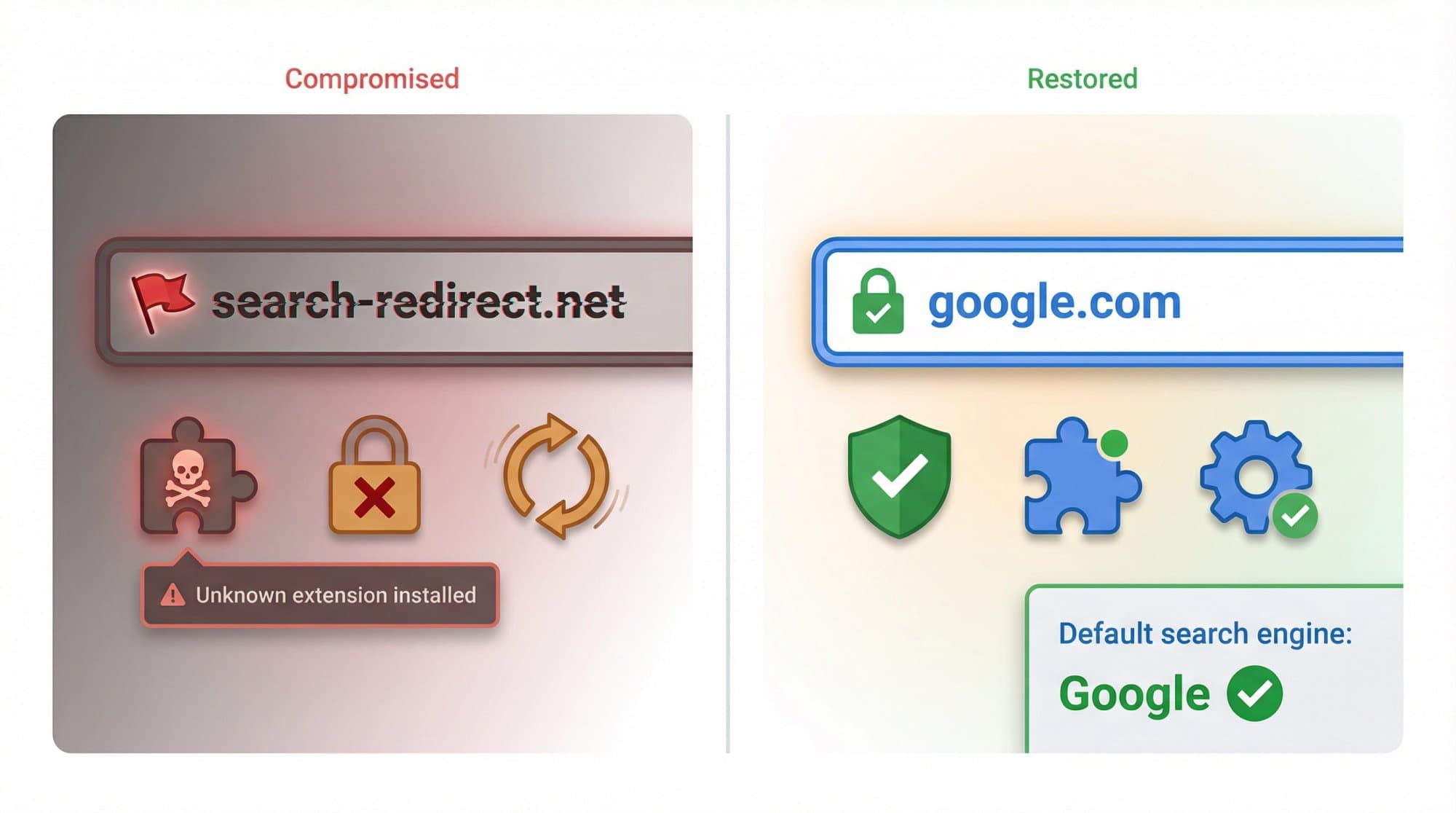 Side-by-side editorial illustration comparing a hijacked browser with warning signs versus a clean, restored browser with security shield