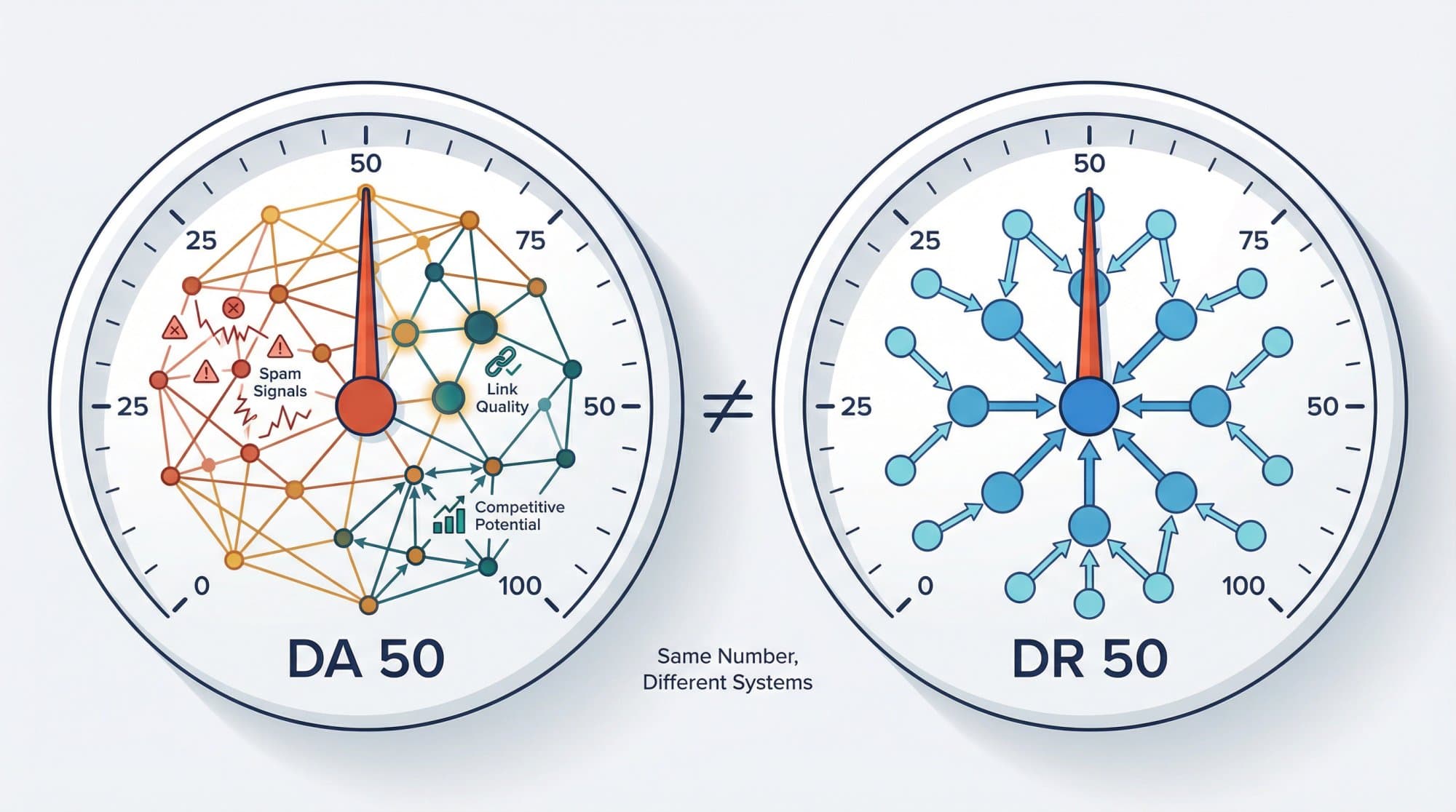 Two gauges both reading 50, one for Moz DA built from a multi-signal model and one for Ahrefs DR built from the link graph only
