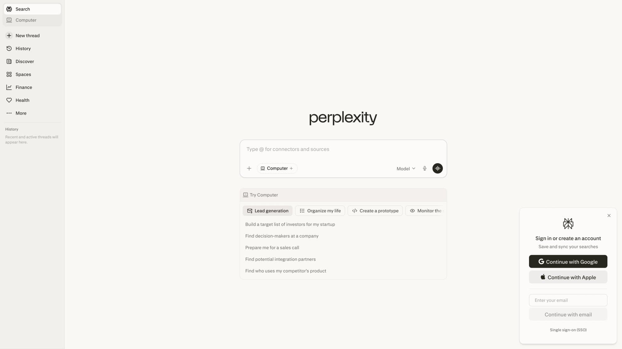 Perplexity home screen with its ask box and sidebar
