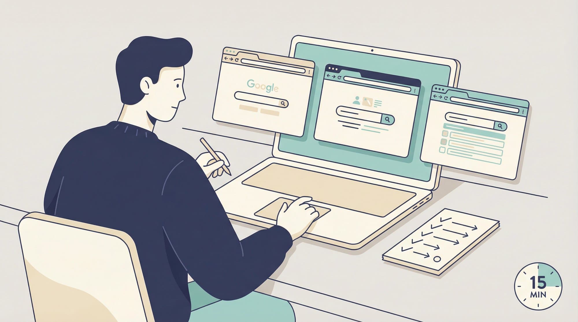 A person comparing three search engines side by side with a checklist and a 15-minute timer