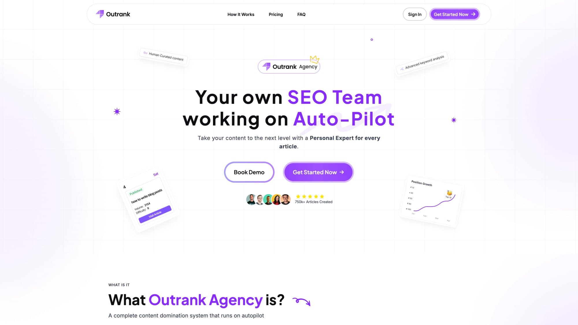 Outrank Agency homepage hero showing "Your own SEO Team working on Auto-Pilot" headline with Book Demo and Get Started CTAs and social proof