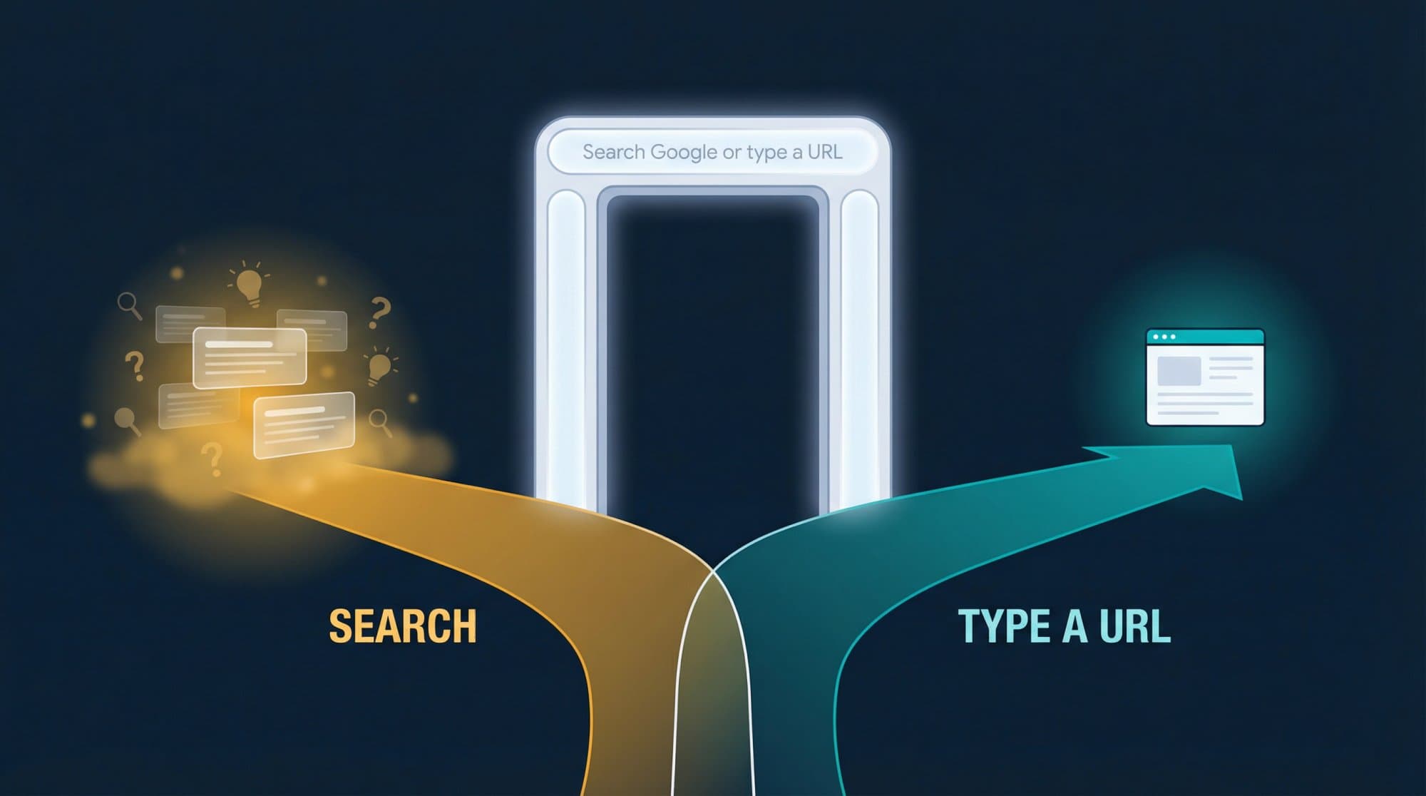 A glowing browser address bar as a doorway splitting into two clearly marked paths: Search and Type a URL, representing the web's fastest gateway