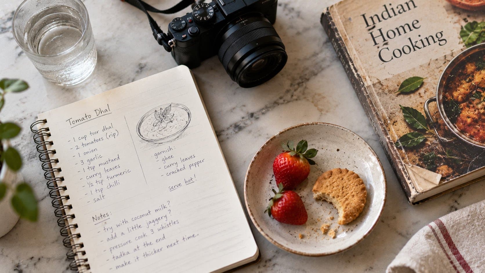 Flat-lay of a food blogger's working setup: handwritten recipe notebook, camera, worn cookbook, and a half-eaten biscuit on marble